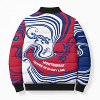 Montserrat Bomber Puffer Jacket with Gecko Illustration Red Blue Wavy Line Design - Wonder Print Shop