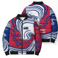 Montserrat Bomber Puffer Jacket with Gecko Illustration Red Blue Wavy Line Design - Wonder Print Shop