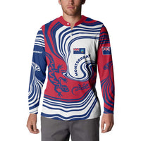 Montserrat Button Sweatshirt with Gecko Illustration Red Blue Wavy Line Design - Wonder Print Shop