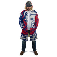 Montserrat Cloak with Gecko Illustration Red Blue Wavy Line Design - Wonder Print Shop