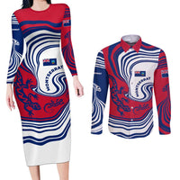 Montserrat Couples Matching Long Sleeve Bodycon Dress and Long Sleeve Button Shirt with Gecko Illustration Red Blue Wavy Line Design - Wonder Print Shop