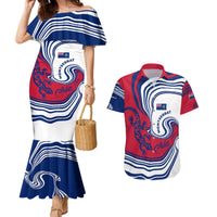 Montserrat Couples Matching Mermaid Dress and Hawaiian Shirt with Gecko Illustration Red Blue Wavy Line Design - Wonder Print Shop