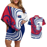 Montserrat Couples Matching Off Shoulder Short Dress and Hawaiian Shirt with Gecko Illustration Red Blue Wavy Line Design - Wonder Print Shop