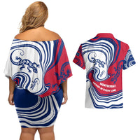 Montserrat Couples Matching Off Shoulder Short Dress and Hawaiian Shirt with Gecko Illustration Red Blue Wavy Line Design - Wonder Print Shop