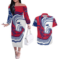 Montserrat Couples Matching Off The Shoulder Long Sleeve Dress and Hawaiian Shirt with Gecko Illustration Red Blue Wavy Line Design - Wonder Print Shop