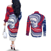 Montserrat Couples Matching Off The Shoulder Long Sleeve Dress and Long Sleeve Button Shirt with Gecko Illustration Red Blue Wavy Line Design - Wonder Print Shop