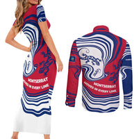 Montserrat Couples Matching Short Sleeve Bodycon Dress and Long Sleeve Button Shirt with Gecko Illustration Red Blue Wavy Line Design - Wonder Print Shop