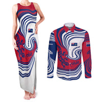 Montserrat Couples Matching Tank Maxi Dress and Long Sleeve Button Shirt with Gecko Illustration Red Blue Wavy Line Design - Wonder Print Shop