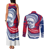 Montserrat Couples Matching Tank Maxi Dress and Long Sleeve Button Shirt with Gecko Illustration Red Blue Wavy Line Design - Wonder Print Shop