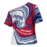 Montserrat Cross Shoulder Shirt with Gecko Illustration Red Blue Wavy Line Design - Wonder Print Shop