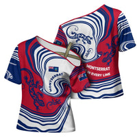 Montserrat Cross Shoulder Shirt with Gecko Illustration Red Blue Wavy Line Design - Wonder Print Shop