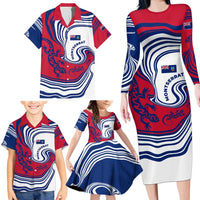 Montserrat Family Matching Long Sleeve Bodycon Dress and Hawaiian Shirt with Gecko Illustration Red Blue Wavy Line Design - Wonder Print Shop