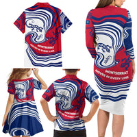 Montserrat Family Matching Long Sleeve Bodycon Dress and Hawaiian Shirt with Gecko Illustration Red Blue Wavy Line Design - Wonder Print Shop