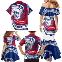 Montserrat Family Matching Mermaid Dress and Hawaiian Shirt with Gecko Illustration Red Blue Wavy Line Design - Wonder Print Shop