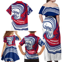 Montserrat Family Matching Off Shoulder Maxi Dress and Hawaiian Shirt with Gecko Illustration Red Blue Wavy Line Design - Wonder Print Shop