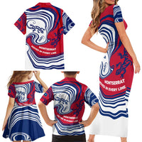 Montserrat Family Matching Short Sleeve Bodycon Dress and Hawaiian Shirt with Gecko Illustration Red Blue Wavy Line Design - Wonder Print Shop