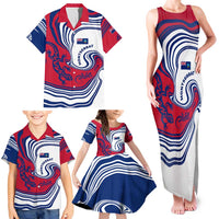 Montserrat Family Matching Tank Maxi Dress and Hawaiian Shirt with Gecko Illustration Red Blue Wavy Line Design - Wonder Print Shop