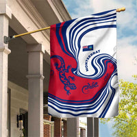 Montserrat Garden Flag with Gecko Illustration Red Blue Wavy Line Design - Wonder Print Shop
