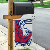 Montserrat Garden Flag with Gecko Illustration Red Blue Wavy Line Design - Wonder Print Shop