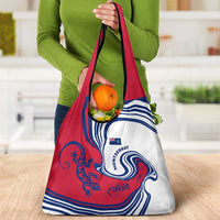 Montserrat Grocery Bag with Gecko Illustration Red Blue Wavy Line Design - Wonder Print Shop