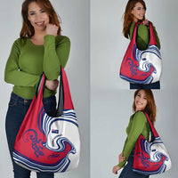 Montserrat Grocery Bag with Gecko Illustration Red Blue Wavy Line Design - Wonder Print Shop