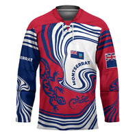 Montserrat Hockey Jersey with Gecko Illustration Red Blue Wavy Line Design - Wonder Print Shop