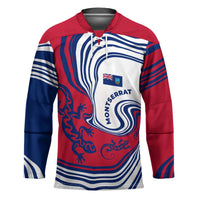 Montserrat Hockey Jersey with Gecko Illustration Red Blue Wavy Line Design - Wonder Print Shop