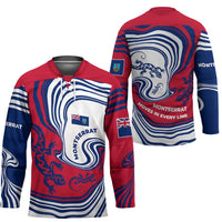 Montserrat Hockey Jersey with Gecko Illustration Red Blue Wavy Line Design - Wonder Print Shop
