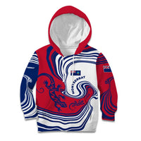 Montserrat Kid Hoodie with Gecko Illustration Red Blue Wavy Line Design - Wonder Print Shop