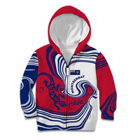 Montserrat Kid Hoodie with Gecko Illustration Red Blue Wavy Line Design - Wonder Print Shop