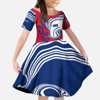 Montserrat Kid Short Sleeve Dress with Gecko Illustration Red Blue Wavy Line Design - Wonder Print Shop
