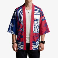 Montserrat Kimono with Gecko Illustration Red Blue Wavy Line Design - Wonder Print Shop