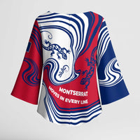 Montserrat Kimono Sleeve Blouse with Gecko Illustration Red Blue Wavy Line Design - Wonder Print Shop
