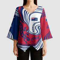 Montserrat Kimono Sleeve Blouse with Gecko Illustration Red Blue Wavy Line Design - Wonder Print Shop