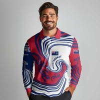 Montserrat Long Sleeve Polo Shirt with Gecko Illustration Red Blue Wavy Line Design - Wonder Print Shop