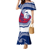Montserrat Mermaid Dress with Gecko Illustration Red Blue Wavy Line Design - Wonder Print Shop