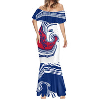 Montserrat Mermaid Dress with Gecko Illustration Red Blue Wavy Line Design - Wonder Print Shop