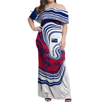 Montserrat Off Shoulder Maxi Dress with Gecko Illustration Red Blue Wavy Line Design - Wonder Print Shop