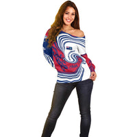 Montserrat Off Shoulder Sweater with Gecko Illustration Red Blue Wavy Line Design - Wonder Print Shop