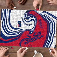 Montserrat Puzzle with Gecko Illustration Red Blue Wavy Line Design - Wonder Print Shop