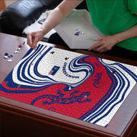 Montserrat Puzzle with Gecko Illustration Red Blue Wavy Line Design - Wonder Print Shop