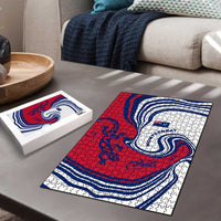 Montserrat Puzzle with Gecko Illustration Red Blue Wavy Line Design - Wonder Print Shop