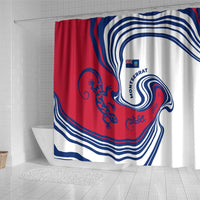 Montserrat Shower Curtain with Gecko Illustration Red Blue Wavy Line Design - Wonder Print Shop