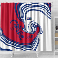 Montserrat Shower Curtain with Gecko Illustration Red Blue Wavy Line Design - Wonder Print Shop