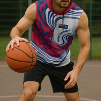 Montserrat Sleeveless Hoodie with Gecko Illustration Red Blue Wavy Line Design - Wonder Print Shop