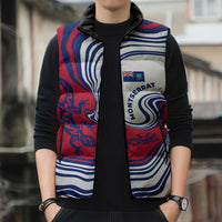 Montserrat Sleeveless Puffer Jacket with Gecko Illustration Red Blue Wavy Line Design - Wonder Print Shop