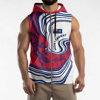 Montserrat Sleeveless Zip Hoodie with Gecko Illustration Red Blue Wavy Line Design - Wonder Print Shop