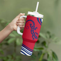 Montserrat Tumbler With Handle with Gecko Illustration Red Blue Wavy Line Design - Wonder Print Shop