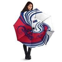 Montserrat Umbrella with Gecko Illustration Red Blue Wavy Line Design - Wonder Print Shop