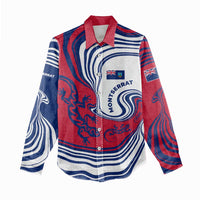 Montserrat Women Casual Shirt with Gecko Illustration Red Blue Wavy Line Design - Wonder Print Shop